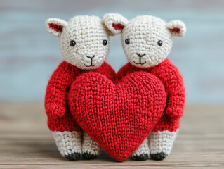 Knitted animal for Valentine day. Two adorable knitted sheep holding a red heart, symbolizing love and affection, set against a soft, blurred background.