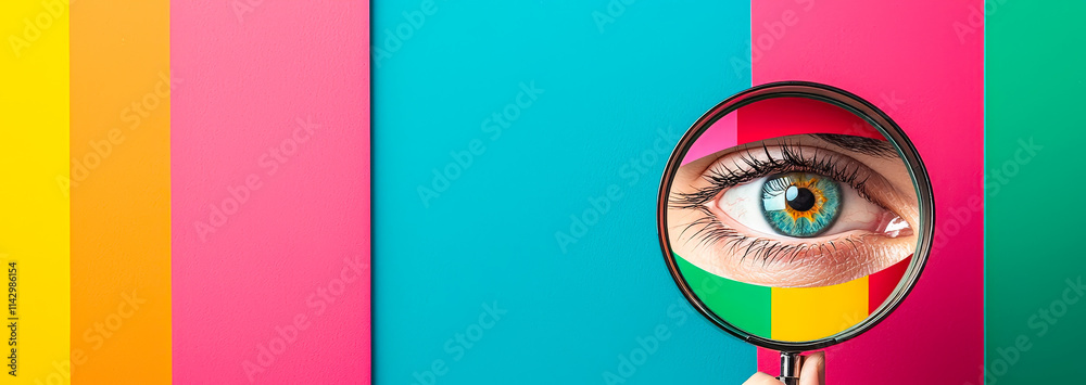 Aufkleber close-up view of an eye looking through a magnifying glass against a colorful background of vibrant 