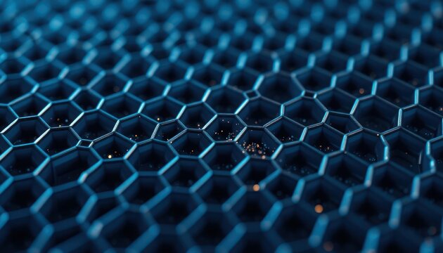 Extreme closeup view of graphene biosensor detecting biomolecules. Tech style honeycomb pattern. High tech biosensor details. Graphene layer interaction. Dark blue background. Focus on precision,
