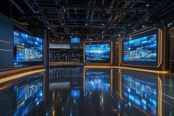Obraz premium Inside a contemporary broadcast studio, large screens display city data and news. The space features a shiny floor and advanced lighting, creating a vibrant atmosphere for live programming.