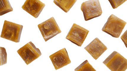 Many butterscotch candies, overhead view. Butterscotch squares, sweet treat texture. Butterscotch candies, delicious background. Butterscotch candy squares, scattered.