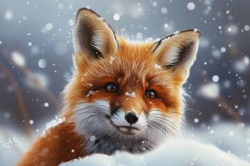 Fototapeta premium Fox Cartoon. Adorable Red Fox in Winter Wonderland Fantasy with Snow