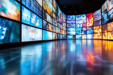 A vibrant digital art exhibition showcases numerous colorful screens displaying abstract visuals. Bright reflections illuminate the polished floor, creating an immersive experience for visitors.