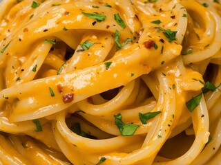 Creamy pasta dish served with fresh herbs, showcasing a rich orange sauce and flavorful ingredients