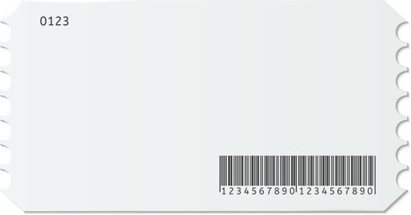 Generic white ticket with barcode and serrated edge, ready for customization and use in various ticketing applications, providing a versatile template for event access and management