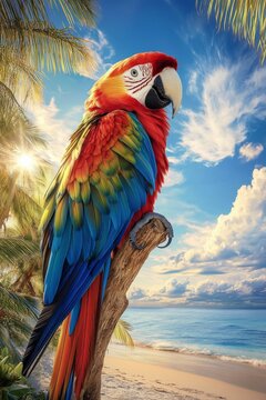 Colorful parrot perched by the beach under a clear sky with clouds in the background