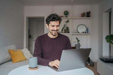 Young handsome middle eastern looking man using laptop computer in his home. 