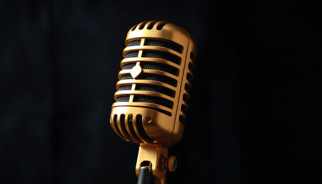 Elegant gold vintage microphone stands out against dark smoky backdrop. Retro audio equipment classic design. Stylish piece suitable for music studio performance. Perfect for tech enthusiasts vintage