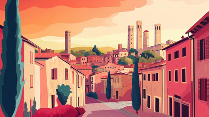 Obraz premium Illustration, Cityscape of San Gimignano in Italy, touristic advertisement poster. Famous touristic must-see spot in Italy. Promotional touristic poster. Town with medieval towers.