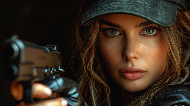 Photorealistic image of a beautiful police woman in a black uniform, holding a pistol, cinematic advertisement, dark background.