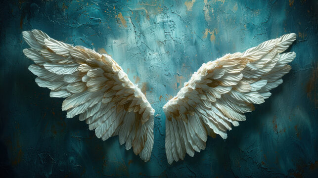 Spectacular angel wings on the wall. Illustration for wallpaper, decoration, poster, card. - Powered by Adobe