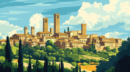 Illustration, Cityscape of San Gimignano in Italy, touristic advertisement poster. Famous touristic must-see spot in Italy. Promotional touristic poster. Town with medieval towers.