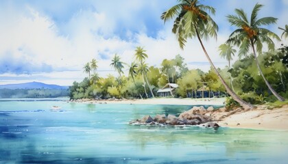 Watercolor illustration of a picturesque beach, white sand, towering palm trees, shadows and sea with turquoise water.