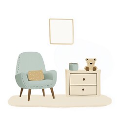 Children's room interior, beige and blue color, vector kids illustration.