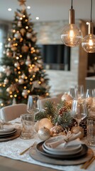 Elegant Christmas dining setup with decorated tree and ambient lighting in modern interior