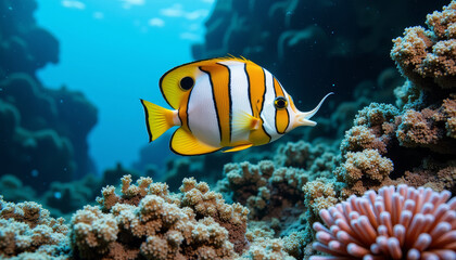 Colorful butterfly fish exploring a vibrant coral reef in clear blue waters