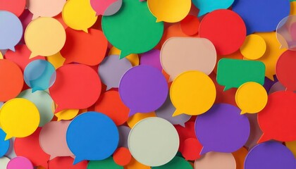 Colorful speech bubbles float in vibrant display. Abstract communication design shows varied shapes, bright colors. Abstract design for modern communication, tech. Network social media illustration.