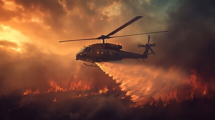 Fototapeta premium Helicopter firefighting a raging wildfire at sunset