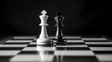 Chess pieces stand tall in contrast highlighting strategy and competition on a checkered board