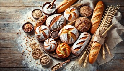 Different types of bread on wooden background