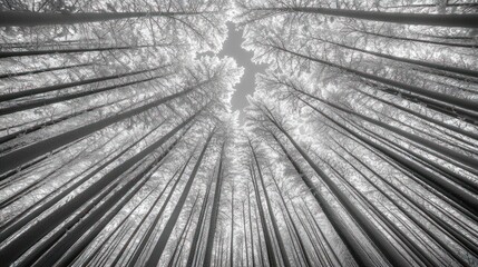 Low-angle view of tall trees in a forest, shot from below, showing the sky through the canopy.