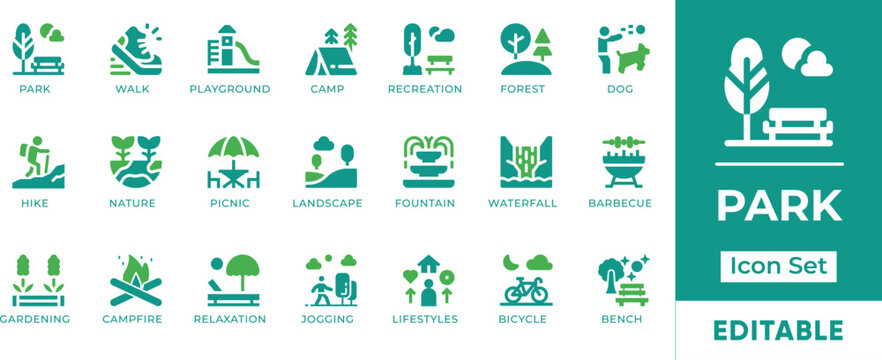 Park Icon Set. Features editable icons for park symbols, nature, outdoor, recreation, leisure, landscape, and more. Perfect for travel websites, tourism boards, and outdoor recreation businesses.