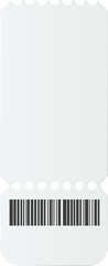 Blank white ticket featuring a barcode and perforation, embodying a purchasing concept suitable for various events or services, offering access and entry options for customers