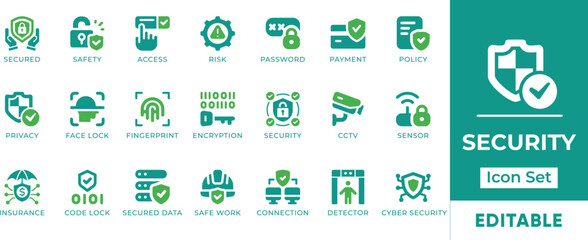 Security Icon Set. Features editable icons for security symbols, safety, protection, privacy, cybersecurity, and more. Perfect for cybersecurity professionals, IT professionals, and businesses.