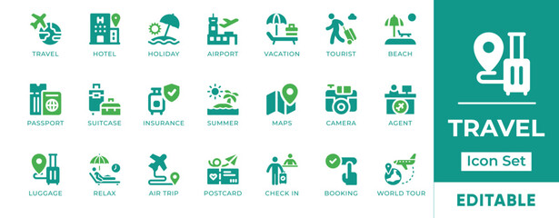 Travel Icon Set. Features map, ticket, map, compass, globe, navigation, illustration, money, set, hotel, camera, transportation, plane, pool, and tour