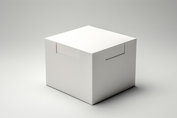 Blank white square box mockup with subtle shadows on neutral gray surface for professional branding and product visualization