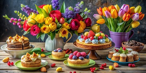Fototapeta premium Vibrant Spring Bouquet Food Photography: Colorful Flowers & Delicious Treats