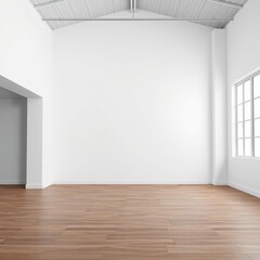 Empty minimalist interior, white brick wall, wooden floor, high ceiling, large windows, natural light, spacious room, modern architecture, clean design, industrial loft, open space, bare walls, simple