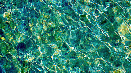 A light, abstract texture depicting flowing water in shades of blue and green, resembling a tranquil pool or lake, perfect for a refreshing summer background.