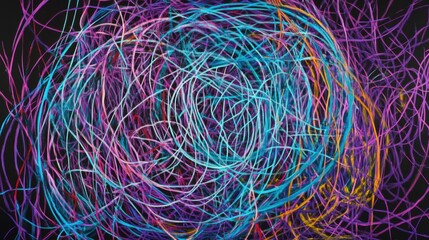 Abstract glowing threads of neon purple, cyan, and magenta intertwining in chaotic, dynamic patterns resembling an electric storm or cosmic web, radiating futuristic and energetic motion.