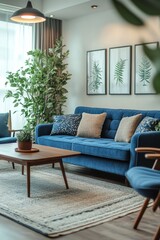 Stylish living room with blue sofa and modern decor in urban apartment