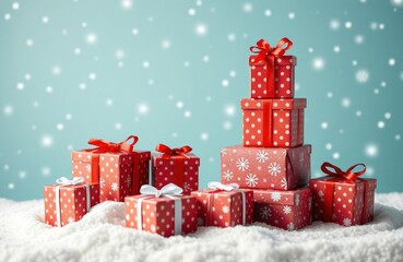 Festive red gift boxes stacked on snow. Snowy winter wonderland scene with falling snowflakes....