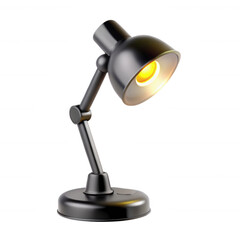 A sleek black desk lamp featuring an adjustable arm and a warm yellow light, perfect for home or office use, showcasing modern design aesthetics.