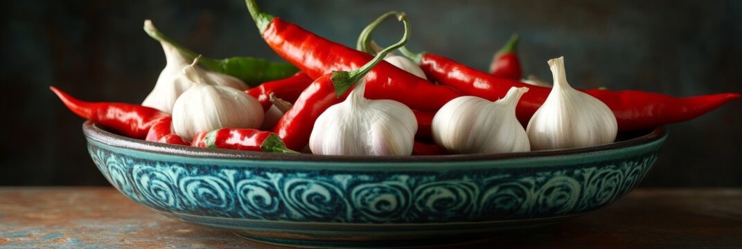Spicy Garlic in a Blue Bowl - Red chili peppers and garlic cloves in a decorative teal bowl. Symbolizing:  flavor, heat, freshness, abundance, culinary arts.