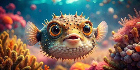 Vintage Animated Pufferfish: Retro Cartoon Fish,  Inflated Fish,  Cute Sea Creature,  Ocean Life Illustration