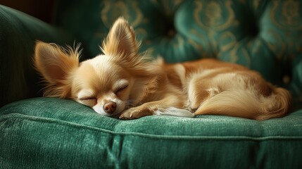 Chihuahua sleeping on green velvet couch in soft light