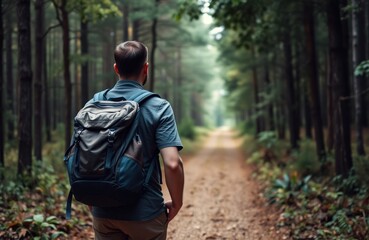 Fototapeta premium Man hikes alone in forest path. Tranquil nature setting. Wears backpack. Forest path leads into woods. Scenic tranquil journey. Nature exploration. Quiet, peaceful. Healthy outdoor activity.