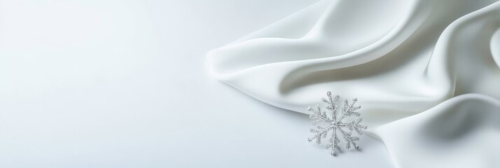 Winter Elegance: White Silk and Snowflake - Serene winter scene, white silk fabric, delicate snowflake, minimalist design, pure elegance.  Symbolism: purity, peace, winter, luxury, fragility.