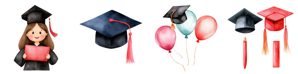 Graduation celebration with caps, balloons, and joyful graduate holding diploma, isolated on transparent background.