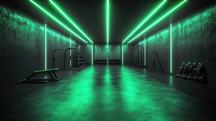 Dark gym interior with green neon lights, fitness equipment, and a reflective floor.