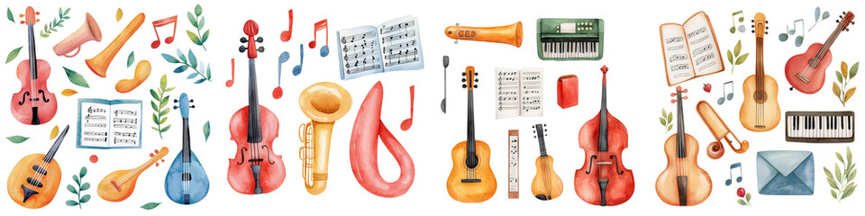 Colorful musical instruments and sheet music in vibrant watercolor style, isolated on transparent background.