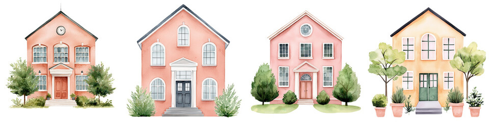 Obraz premium Colorful school buildings with greenery, showcasing unique architectural styles, isolated on transparent background.