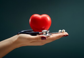 Heart symbol on hand, heart health concept, cardiovascular, stethoscope