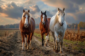 Obraz premium Horses grazing on a tranquil farm with lush fields and a rustic barn in view