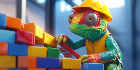 A chameleon wearing a hard hat and vest constructs a wall with brightly colored blocks at a lively construction site under bright lighting. Generative AI