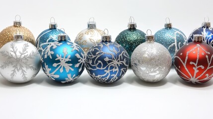 Festive Christmas ornaments featuring snowflakes against a white backdrop, perfect for holiday decorations and designs.